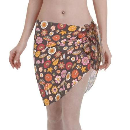 Adobk Women Beach Sarong Bathing Suit 70s Groovy Hippie Retro Print Wrap Skirt Sheer Bikini Swimsuit Cover Ups For Swimwear