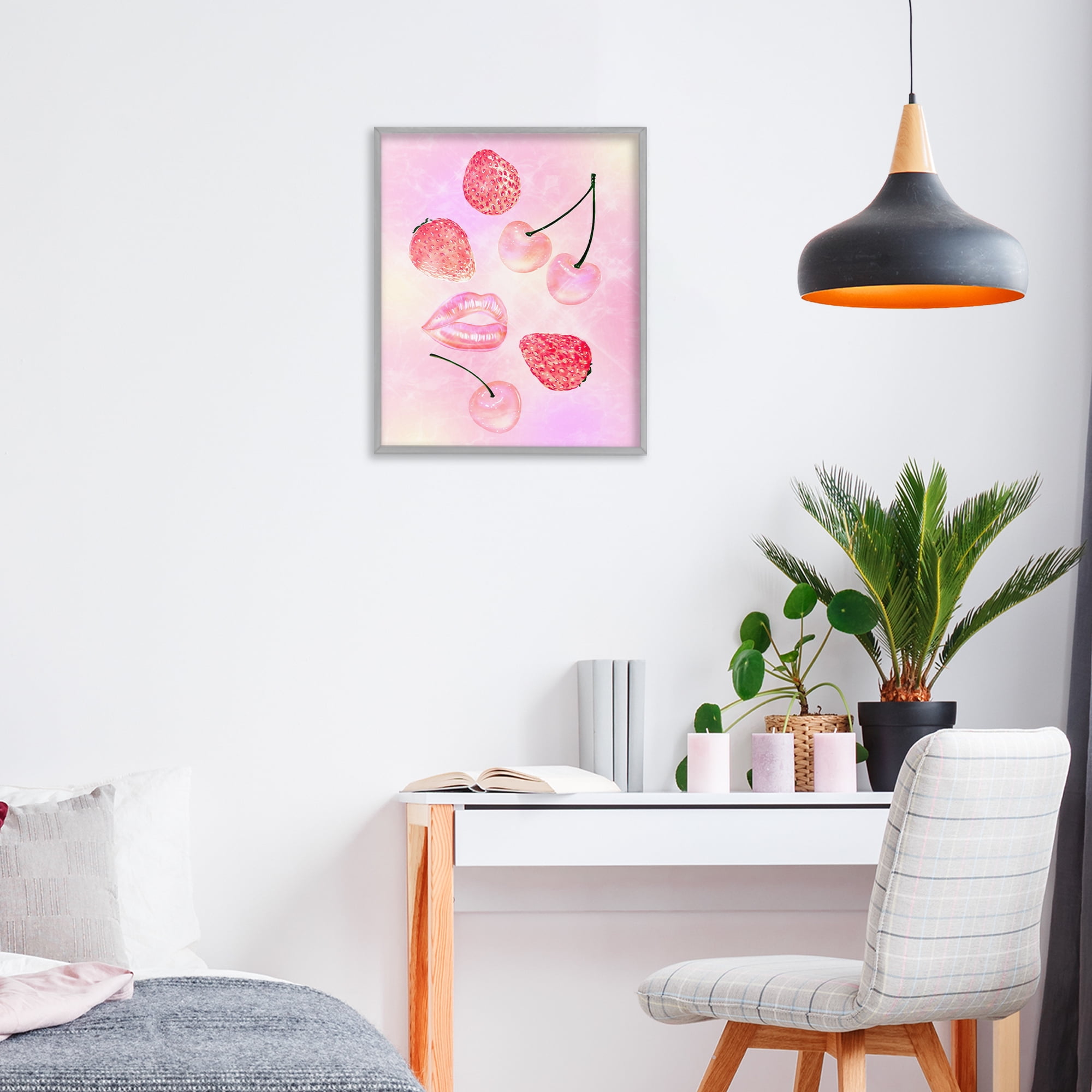 Pink Fruits and Kisses Gray Framed Giclee Art, design by Ziwei Li