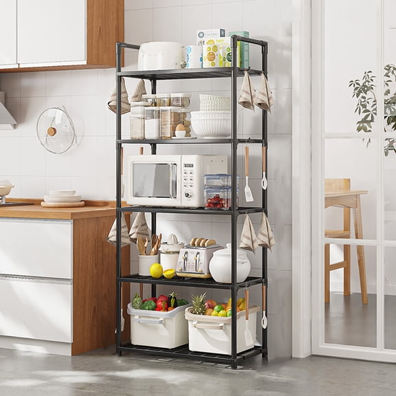 Qiyester 5 Tier Storage Shelves Adjustable Storage Shelf Heavy Duty Standing Shelf 66 Lbs Capacity for Kitchen Pantry Closet Bathroom Laundry Garage, Black