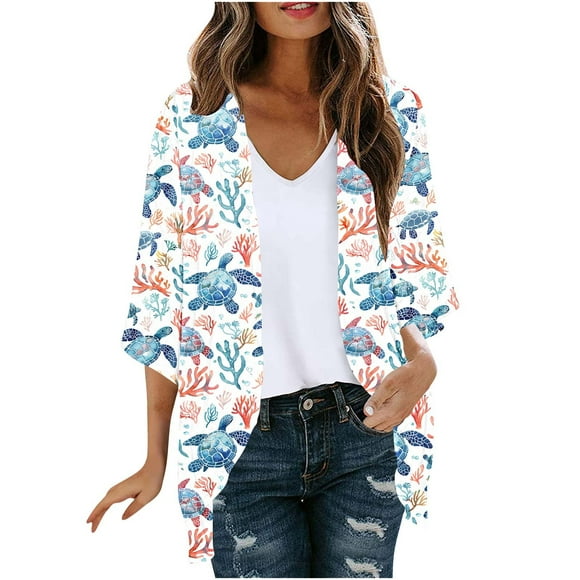 breaise Women Kimono Cardigans Casual Summer 3/4 Sleeve Chiffon Blouses Tops Cover up Open Front Floral Print Resort Wear Multicolor XXL