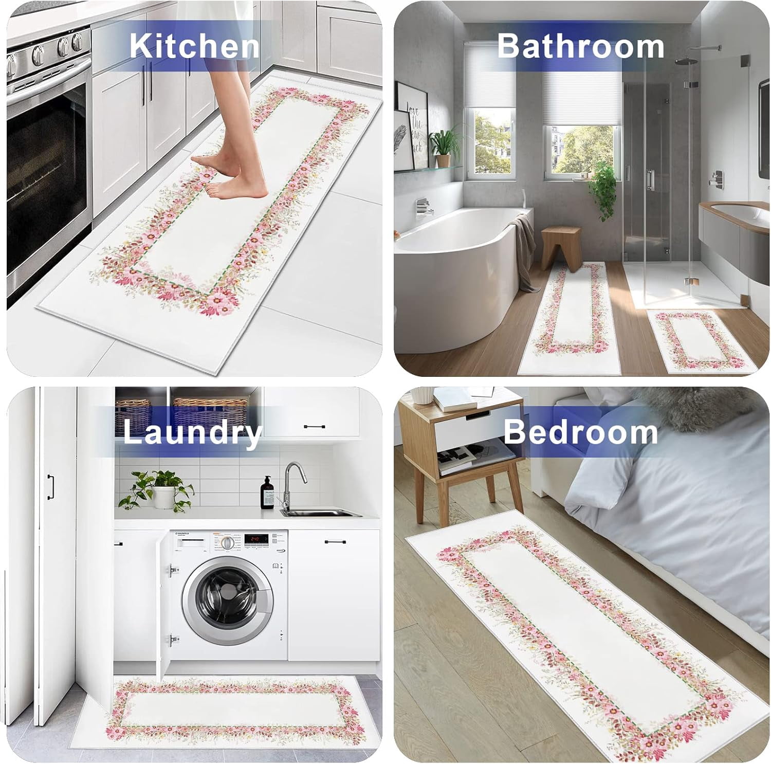 Kitchen Rugs and Mats Set of 2, Spring Pink Blossoms Flower Plant Non-Slip Floor Doormat Comfort Area Runner Rug and Mat, Pastoral Floral Indoor Entrance Carpet Home Decor