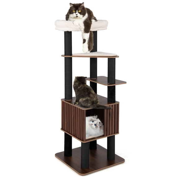 Gymax 64'' Tall Cat Tree for Indoor Cat Wooden Cat Tower Top Perch w/ Soft Padding Large Fence Style Cat Condo