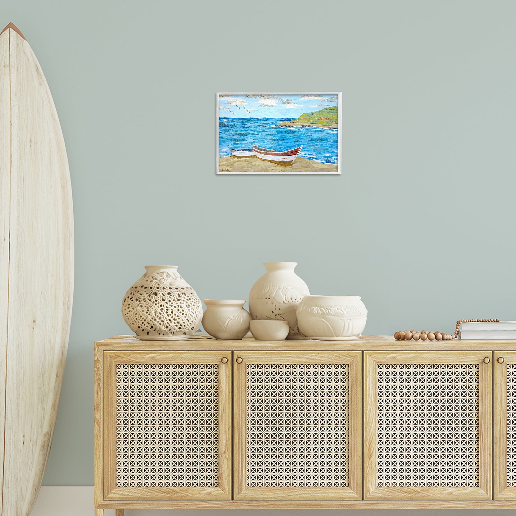 Stupell Industries Mykonos Docked Boat Landscape Painting White Framed Art Print Wall Art, 18 x 12