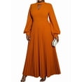thumbnail image 3 of Women'S Elegant Pleated Maxi Dress with Puff Sleeves and Stand Collar for Various Occasions Orange L, 3 of 9