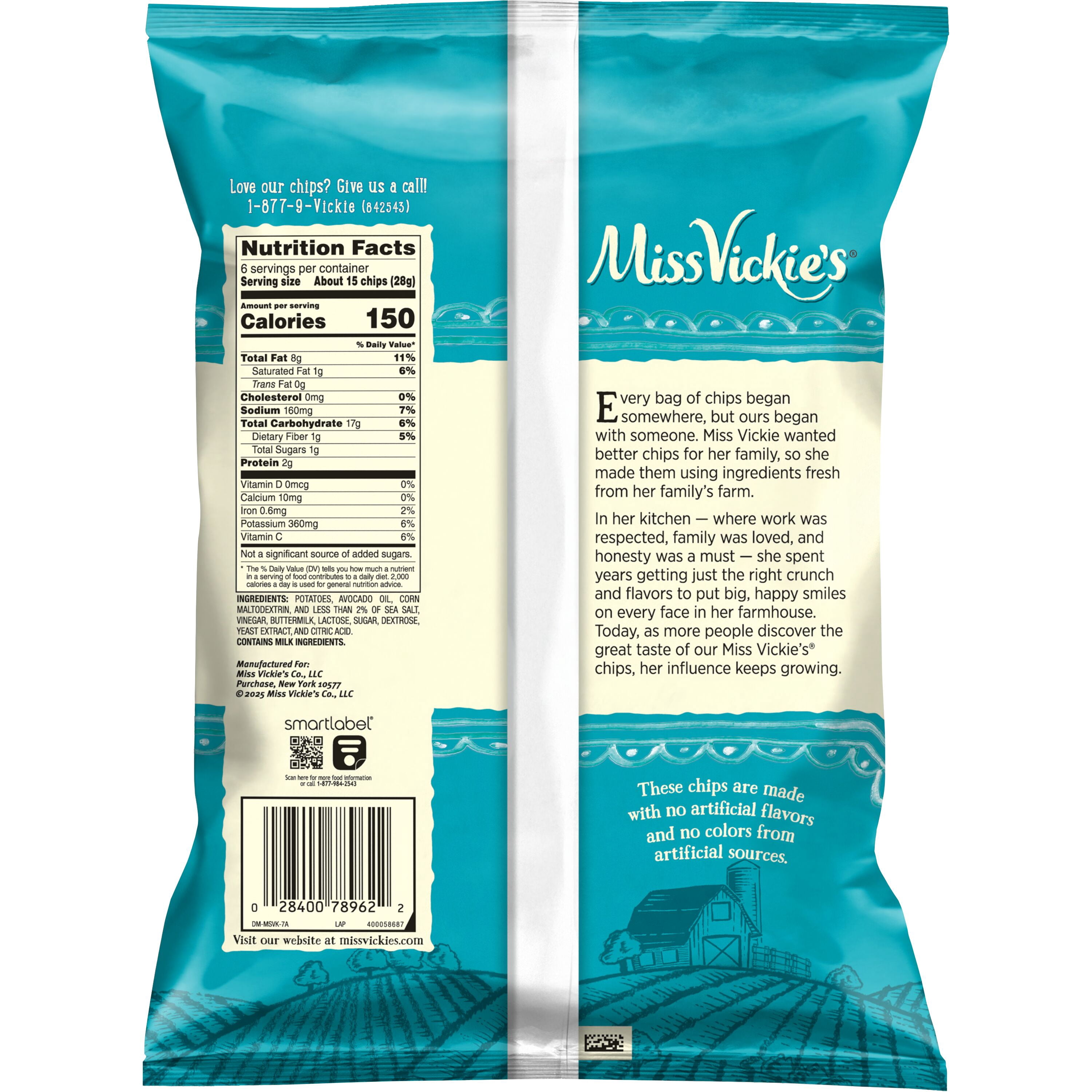 Miss Vickies Sea Salt & Vinegar Avocado Oil Kettle Cooked Potato Chips Bag, 6 oz Bag