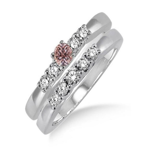 1.25 Carat Morganite & Diamond Elegant 5 stone Bridal Set on 10k White Gold