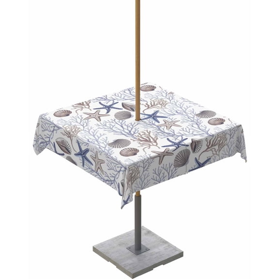 nqOlkjepod Blue Coastal Outdoor Tablecloth with Umbrella Hole & Zipper, Starfish Shell Coral Ocean Square Table Cover 54x54 Inch, Dining Waterproof Table Cloth Protector for Patio/Party/Picnic