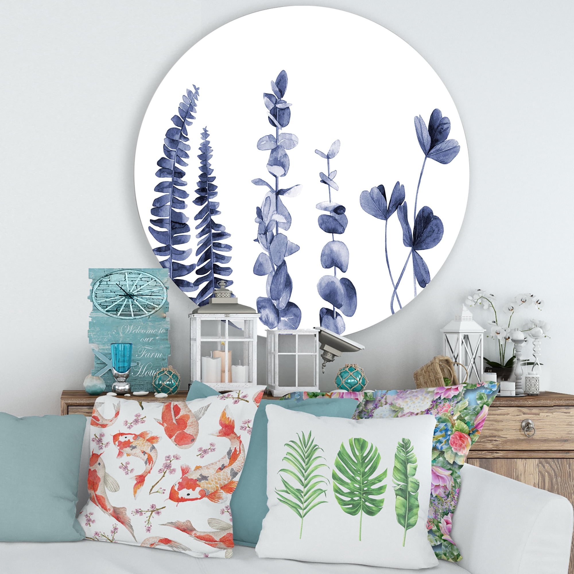 Designart 'Navy Blue Eucalyptus On White I' Traditional Circle Metal Wall Art 36x36 - Disc of 36
