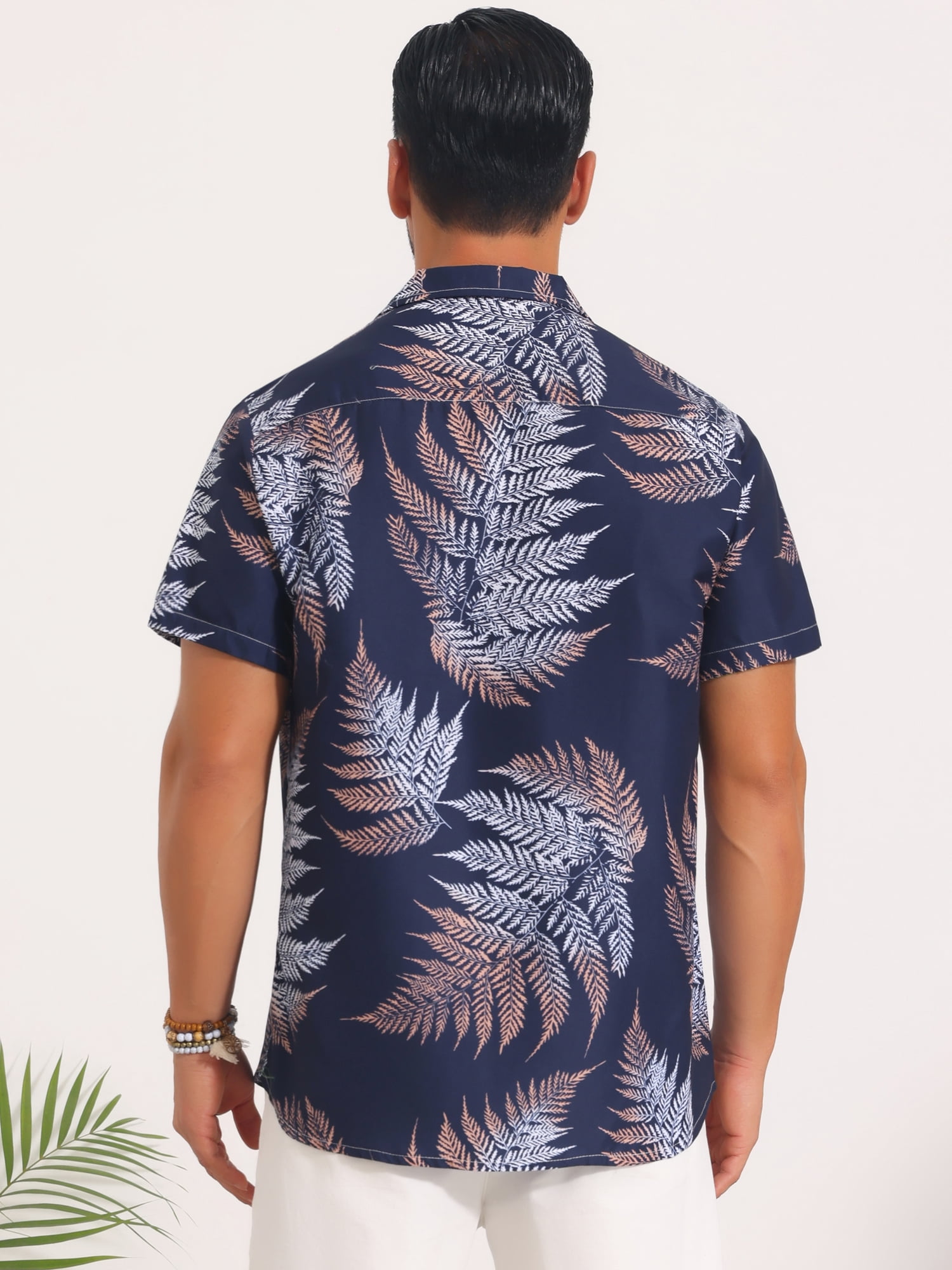 DARING DIVA Men's Short Sleeve Button Down Camp Collar Leaf Print Shirts XL Dark Blue