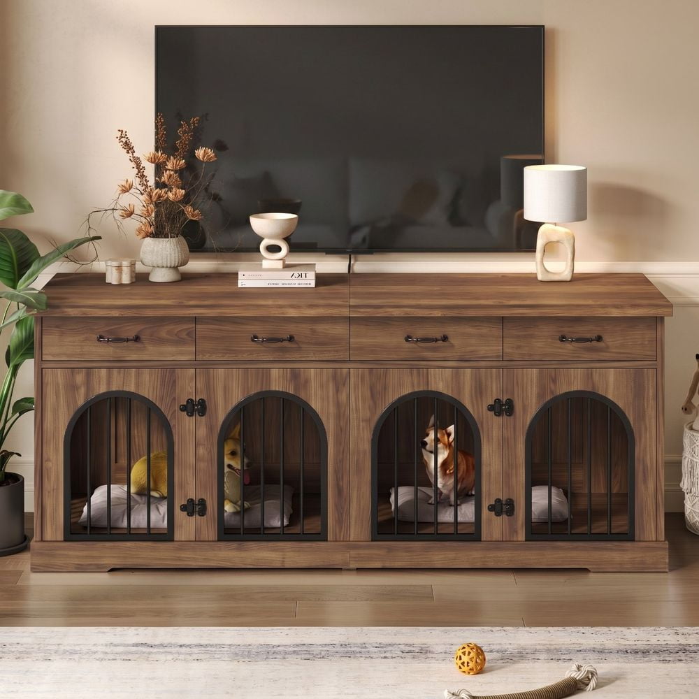 MIDOQIN Double Dog Crate 71 Indoor Dog Kennel Furniture for 2 Dog Wooden Heavy-Duty Cage with Removable Divider and 4 Storage Drawers for 2 Medium Small Dogs