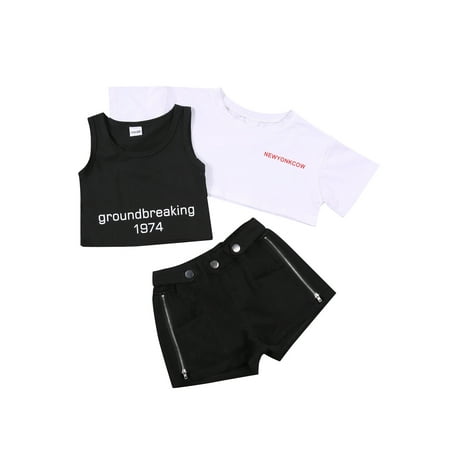 

Mioliknya Kids Girls 3-piece Outfit Set Letter Print T-shirt Tank Top Shorts Set