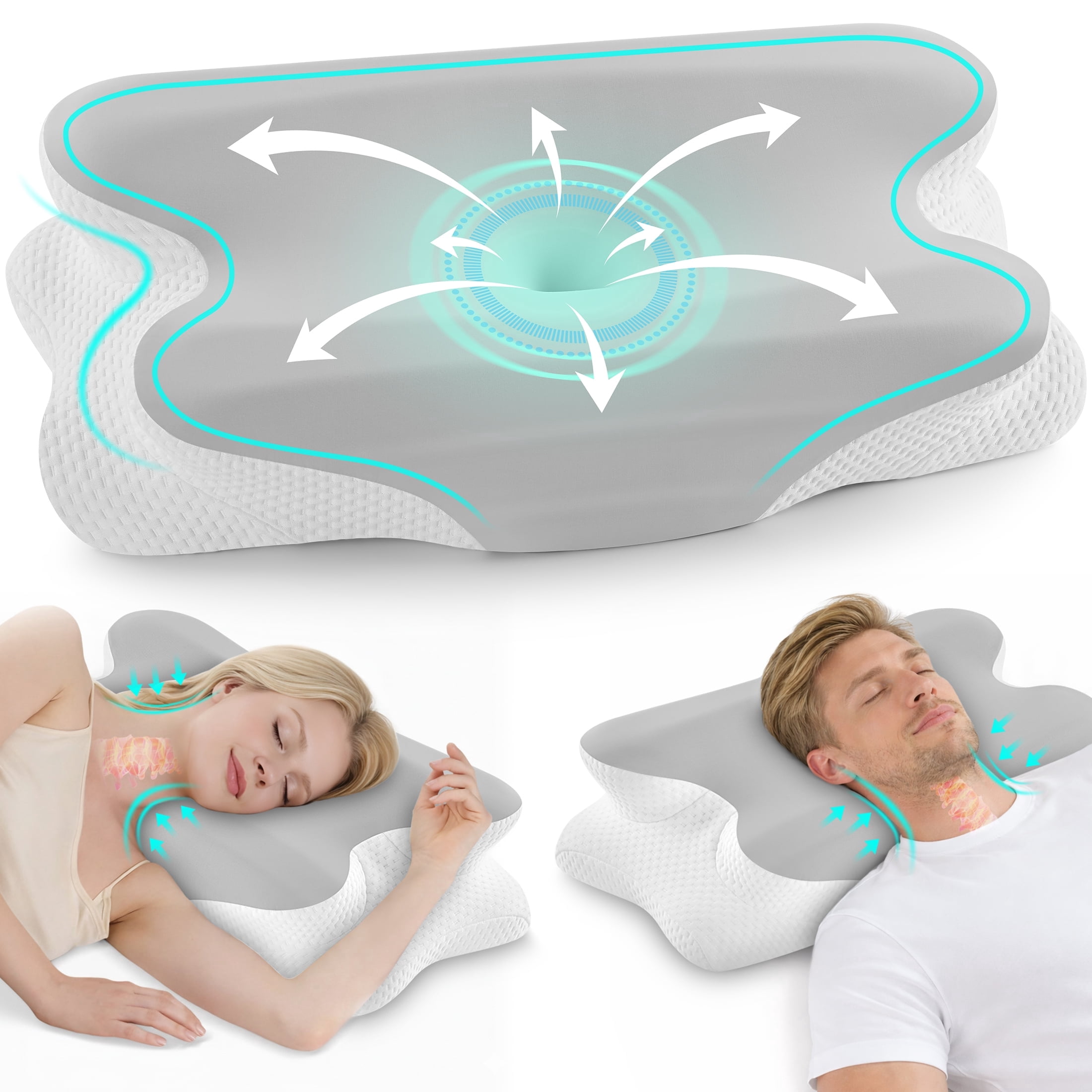 MOONORAH Cooling Bed Pillow for Neck & Shoulder Pain Relief, Cervical Support Contour Pillow for Side, Back, Stomach Sleepers, Orthopedic Memory Foam with Cooling Cover,Gray & White