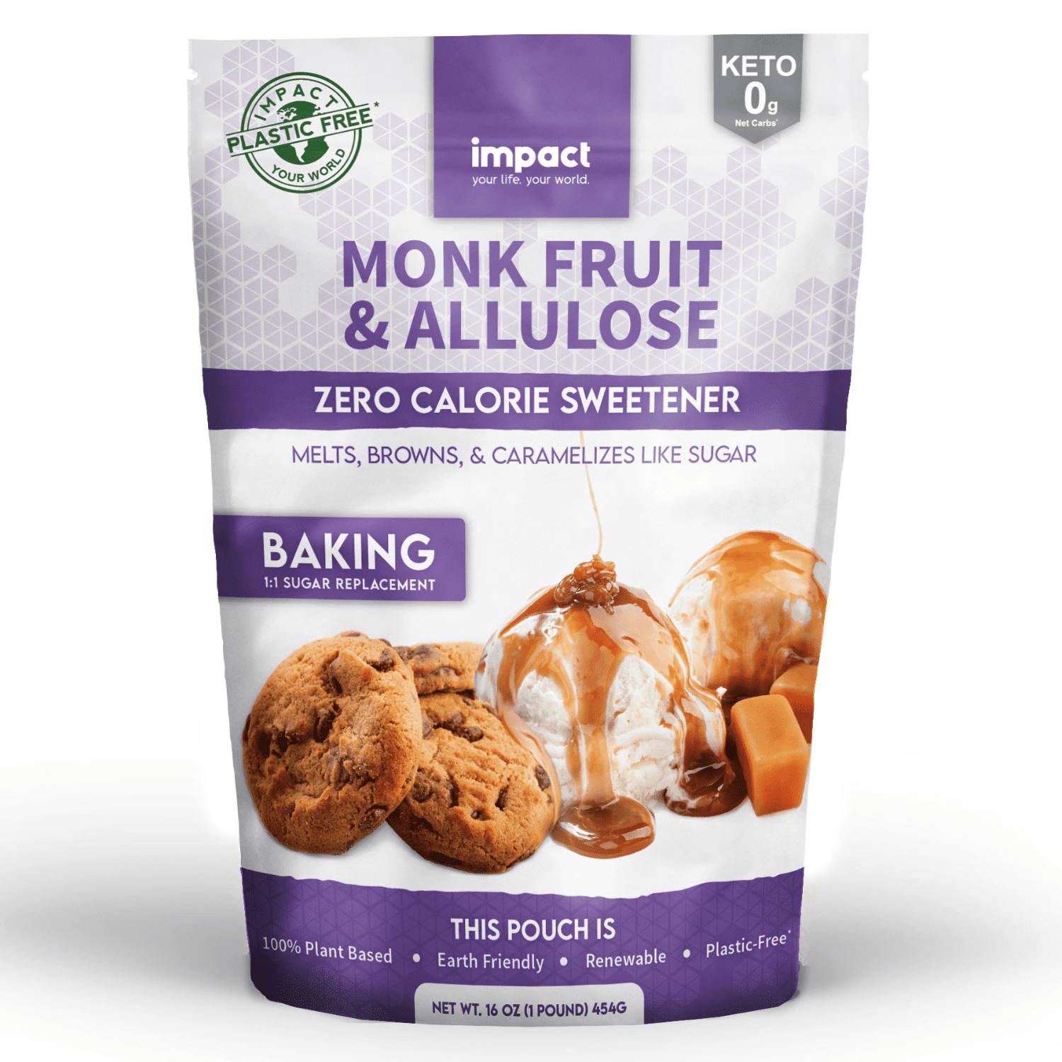 Impact Products Monk Fruit Allulose Sweetener, Zero Calorie Blend, Keto Friendly Sugar Substitute, Plastic Free Packaging (1 lb)