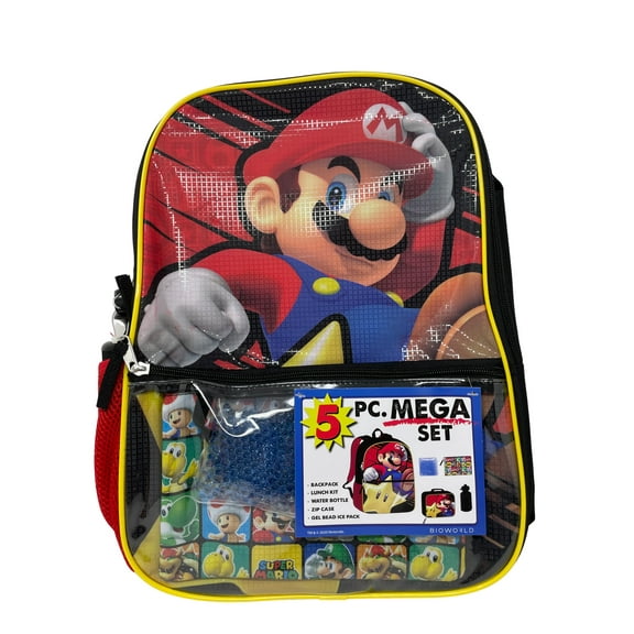 Super Mario 5pc Backpack Set(Lunch bag, ice pack, case, water bottle)