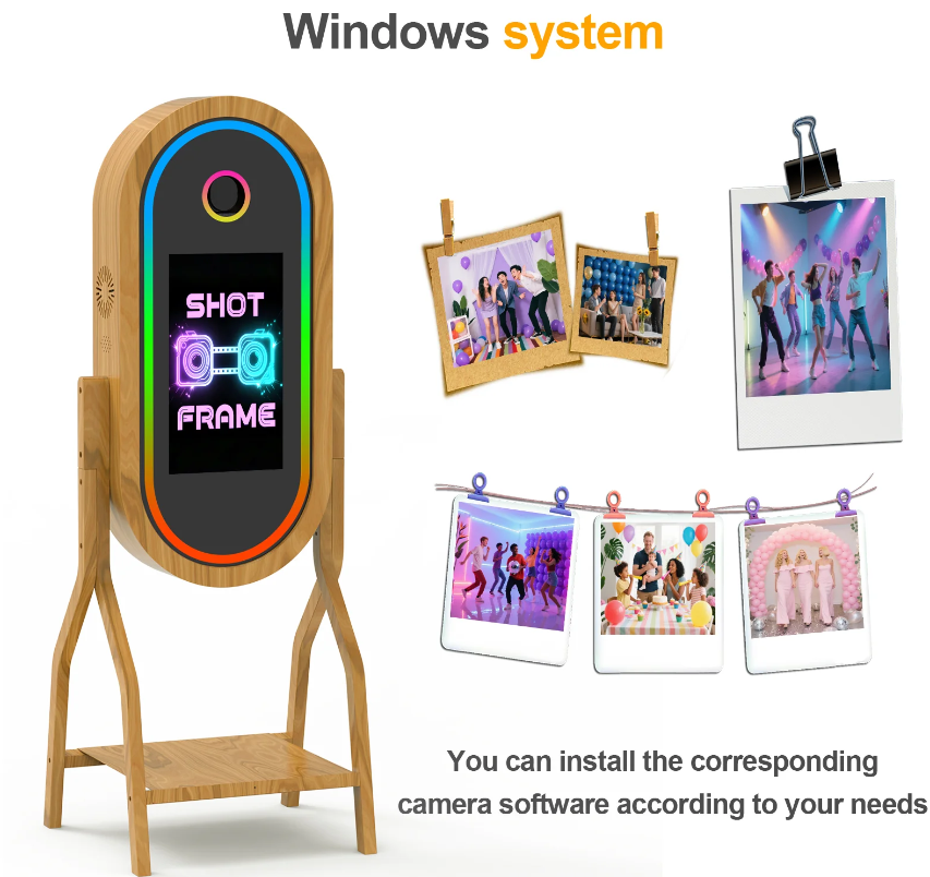 Mirror Photo Booth 50'' Wooden Magic Mirror Photo Booth with 21.5'' Interactive Touch Screen Built-in i5 Mini PC Suitable for Photography Needs in Various Locations