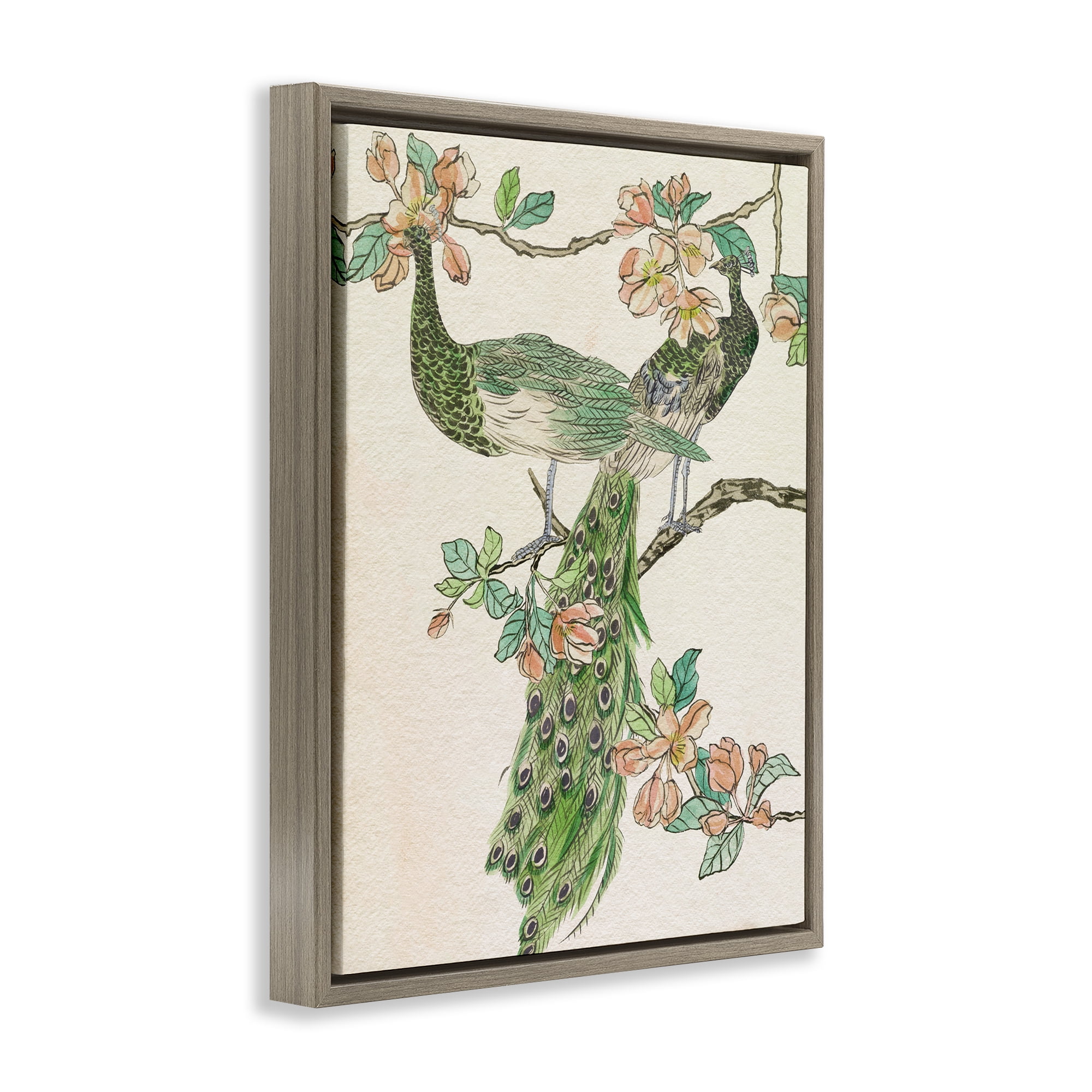 Stupell Industries Peacock & Cherry Blossoms Animals & Insects Painting Brown Floater Framed Canvas Art Print Wall Art, 25 x 31