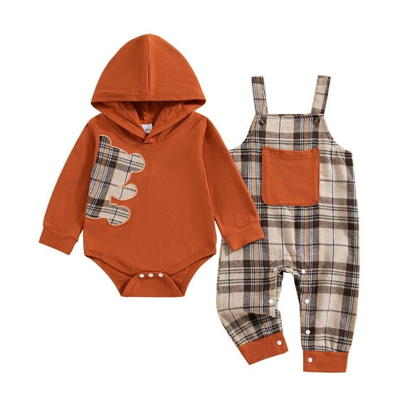 12 Months Baby Boys Clothes 18 Months Boys Pant Set Toddler Boys Long Sleeve Hooded Romper Top Plaid Overall Pants 2PCS Outfits Set Brown