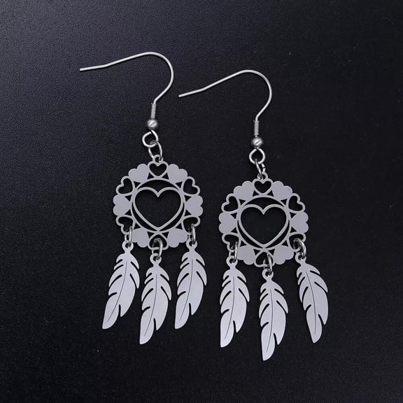 Stainless Steel Chandelier Earrings Dream Catcher Feather Silver 0.7Mm Z391