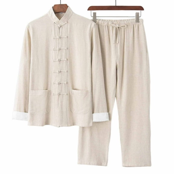 Cotton Linen Tang Suit Tang Suit Unisex Chinese Traditional Clothing Breathable Morning Exercise Wear Long Sleeved Coat and Pants