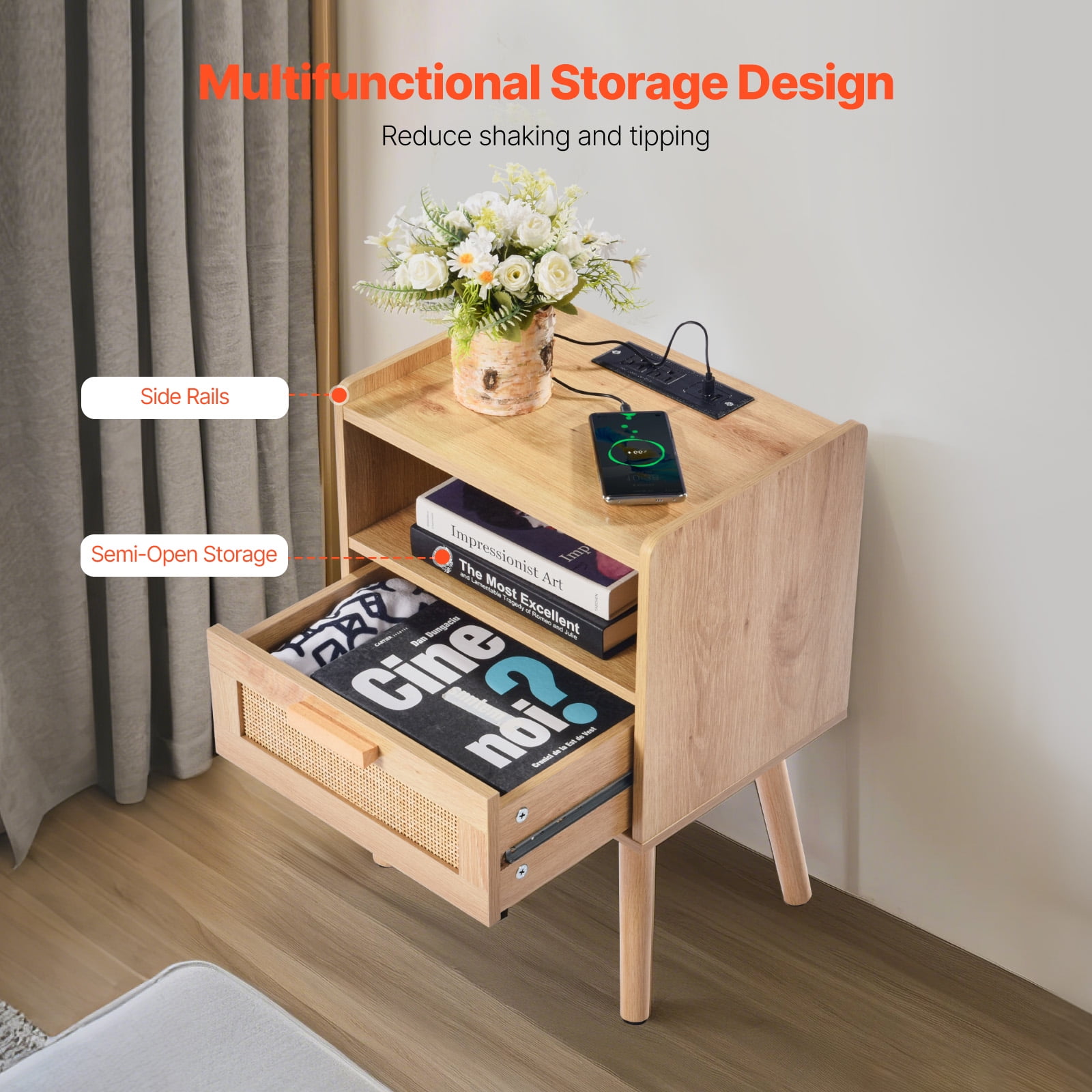KFFKFF Wicker Nightstand, Chic Bedside Stand with Drawer and Open Shelf, Wooden End Table with Sturdy Wood Legs, Wicker Accent Table with Power Outlet, Suitable for Bedroom, Office & Lounge
