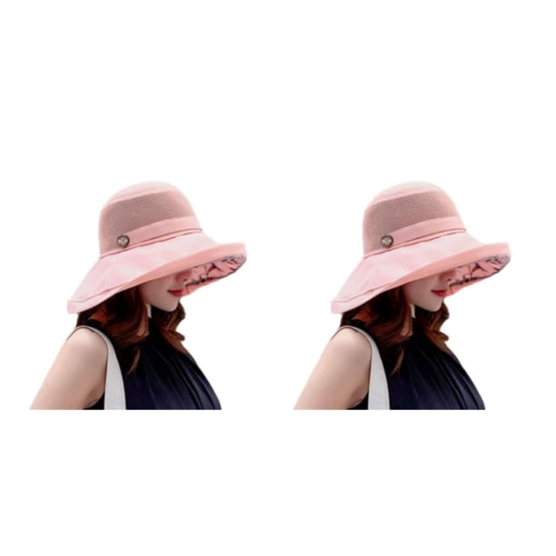 Minnieouse Sombrero para el sol Sombreros de pescador de verano Gorra de ala ancha de malla Protector solar Moda al aire libre Color sólido para Rosa tamaño libre 2piezas