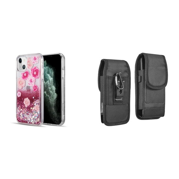 Liquid Glitter Case for iPhone 14 and Belt Holster Pouch - Pink Flowers