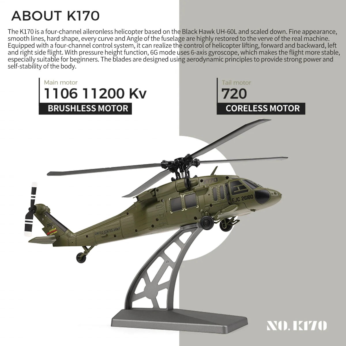 WL K170 RC Helicopter, 1:28 Scale BK Hawk UH-60L 4CH Flybarless Remote Control Helicopter Model with Brushless Motor & Altitude Hold , for Adults & Beginners