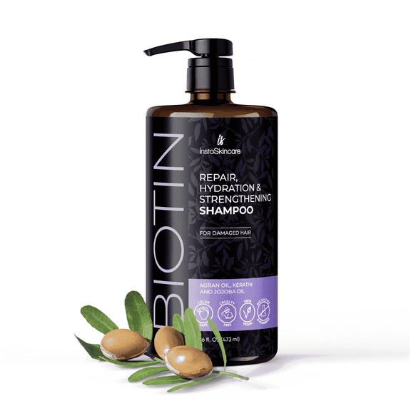 InstaSkincare Biotin Shampoo, for Hair Growth and Repair, with Keratin & Argan Oil, 16 oz