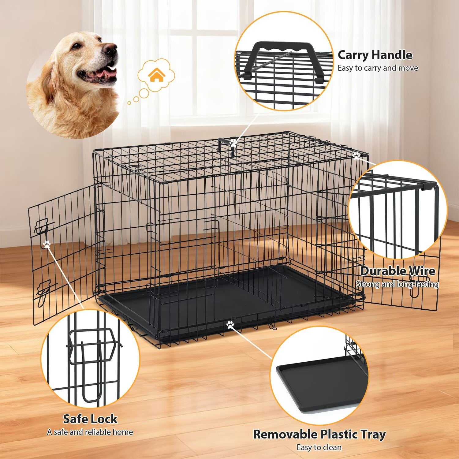 CL.HPAHKL Durable Wire Dog Crate, Folding Metal Dog Kennel Double Door Dog Cage with Plastic Tray, Pet Crate for Large Dog Indoor Outdoor Travel (Black, 36 inch)