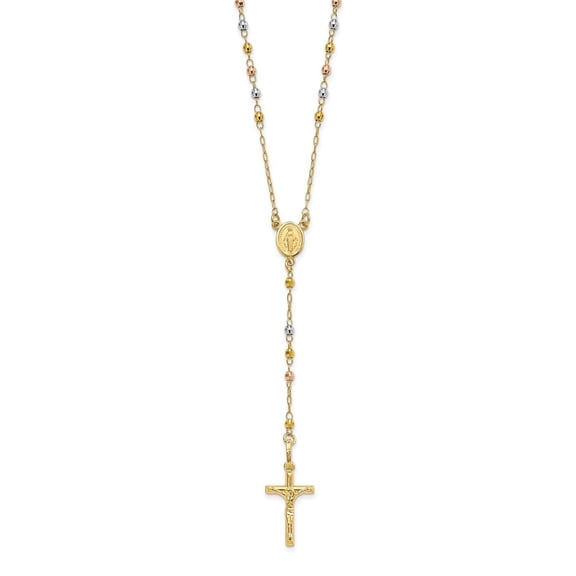 Diamond2Deal 14k Tri-Color Gold Polished Faceted Beads Rosary Cable Chain Necklace for Men 24"