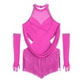 thumbnail image 4 of SiiRoh Girls Sparkly Fringe Jazz Latin Dance Leotard Ruched Mesh Drapes Cutout Bodysuit with Gloves Hot Pink 10, 4 of 5