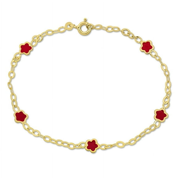 Amour Pink Enamel Flower Charm Station Bracelet in 14k Yellow Gold - 7 in.