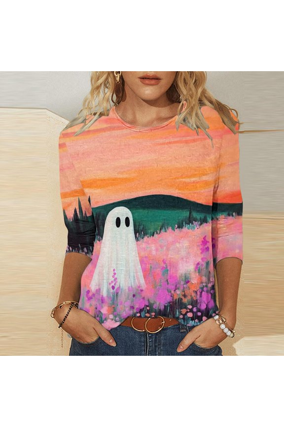 Women's Halloween Sunset Ghost Print 3/4 Sleeve Crew Neck Top Stretch Casual Pullover with Scenic Graphic for Fall Parties and Daily Wear