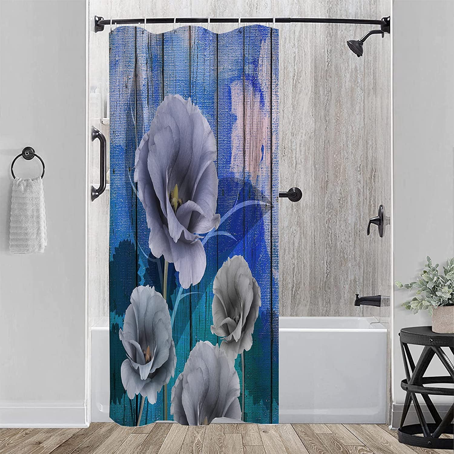 Stall Blue Rustic Shower Curtain,36x72 inch RV Bathroom Shower Curtains Set with Hooks,3D Floral Bath Curtain,Waterproof Fabric