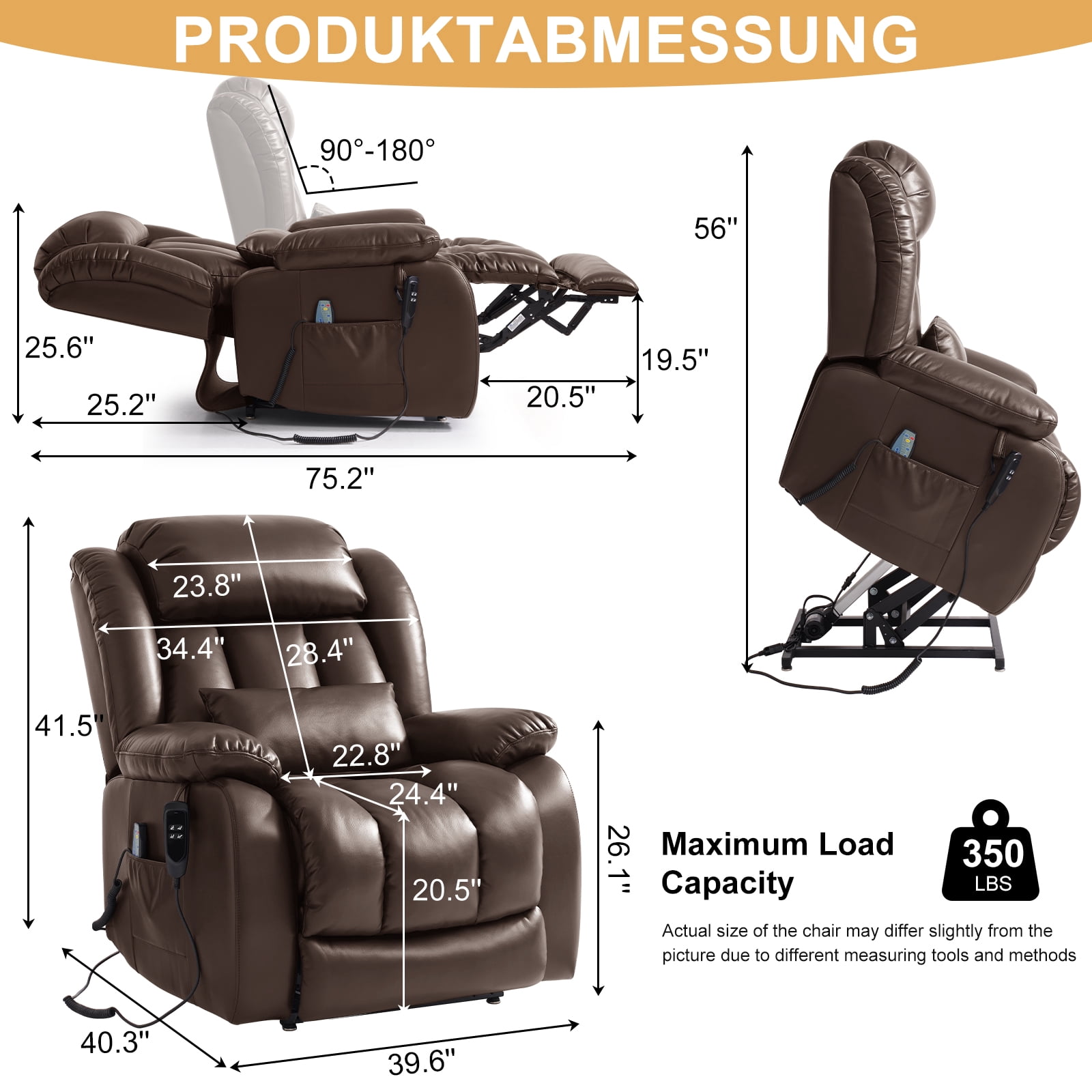 INGALIK Power Lift Recliner Chair Dual Motor, Infinite Position Lay Flat Recliners for Adult & Elderly with Heat & Massage, Large, Type-C Charge, Lumbar Pillow for Living Room, Leather (Brown)