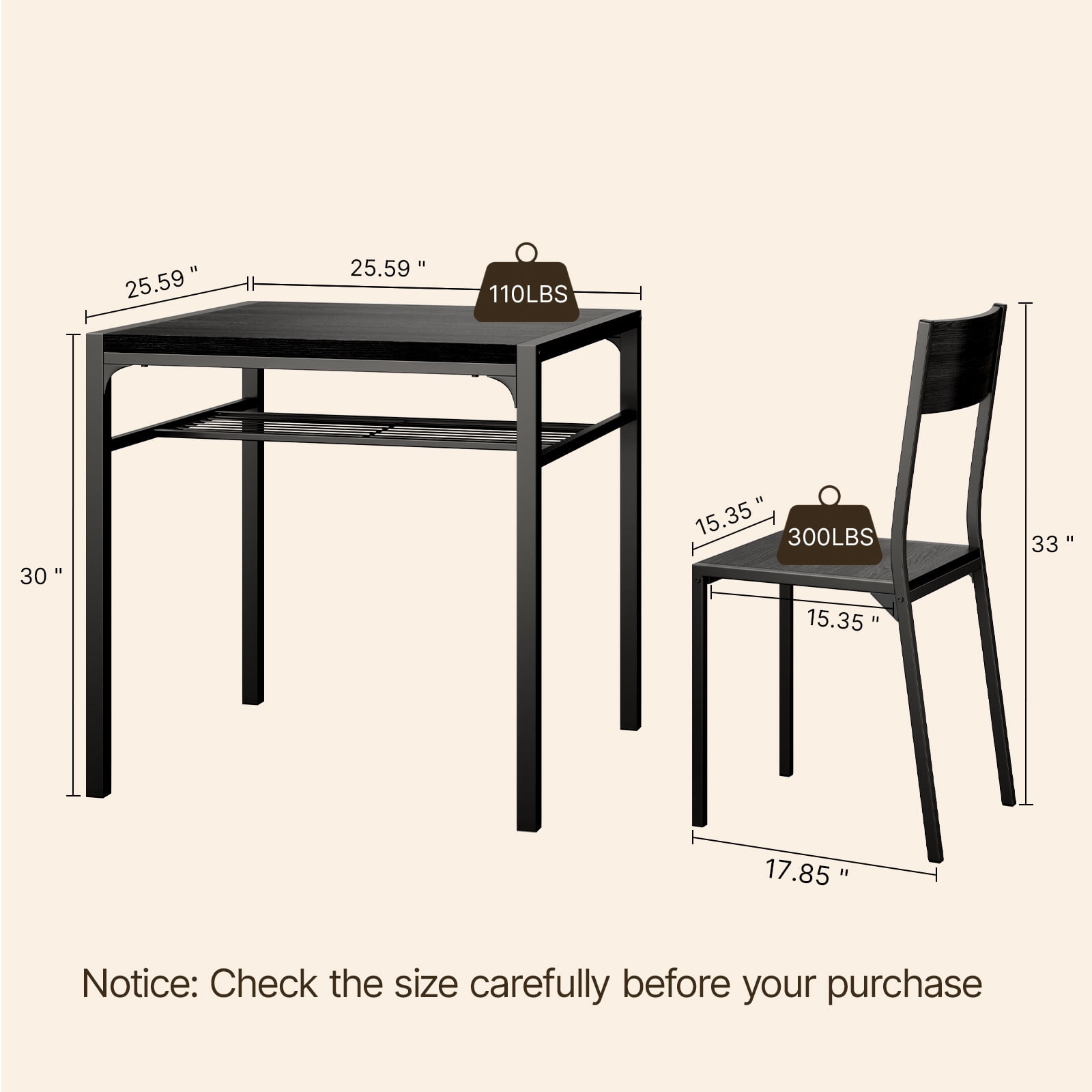 3 Piece Dining Table Set for 2, Lofka Kitchen Table with Chairs & Storage Shelf, Black MDF Dining Set for Small Space, Apartment, Breakfast Nook