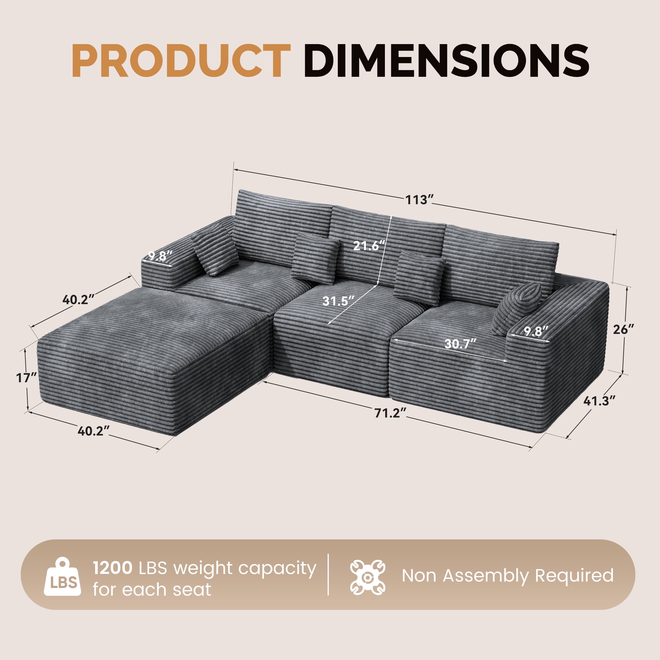 Daluvenix Modern Modular Sectional Sofa 113" L-Shaped Boneless Couch with Deep Seat Convertible Corduroy Cloud Couches for Living Room
