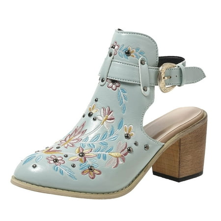GHSOHS Boots for Women Snow Boots Ankle Boots Shoes Winter Boots for Women Embroidery Retro High Heeled Shoes Thick With Hollow Back Round Head Sandals Female Western Cowgirl Boot Rain Boots Size 40