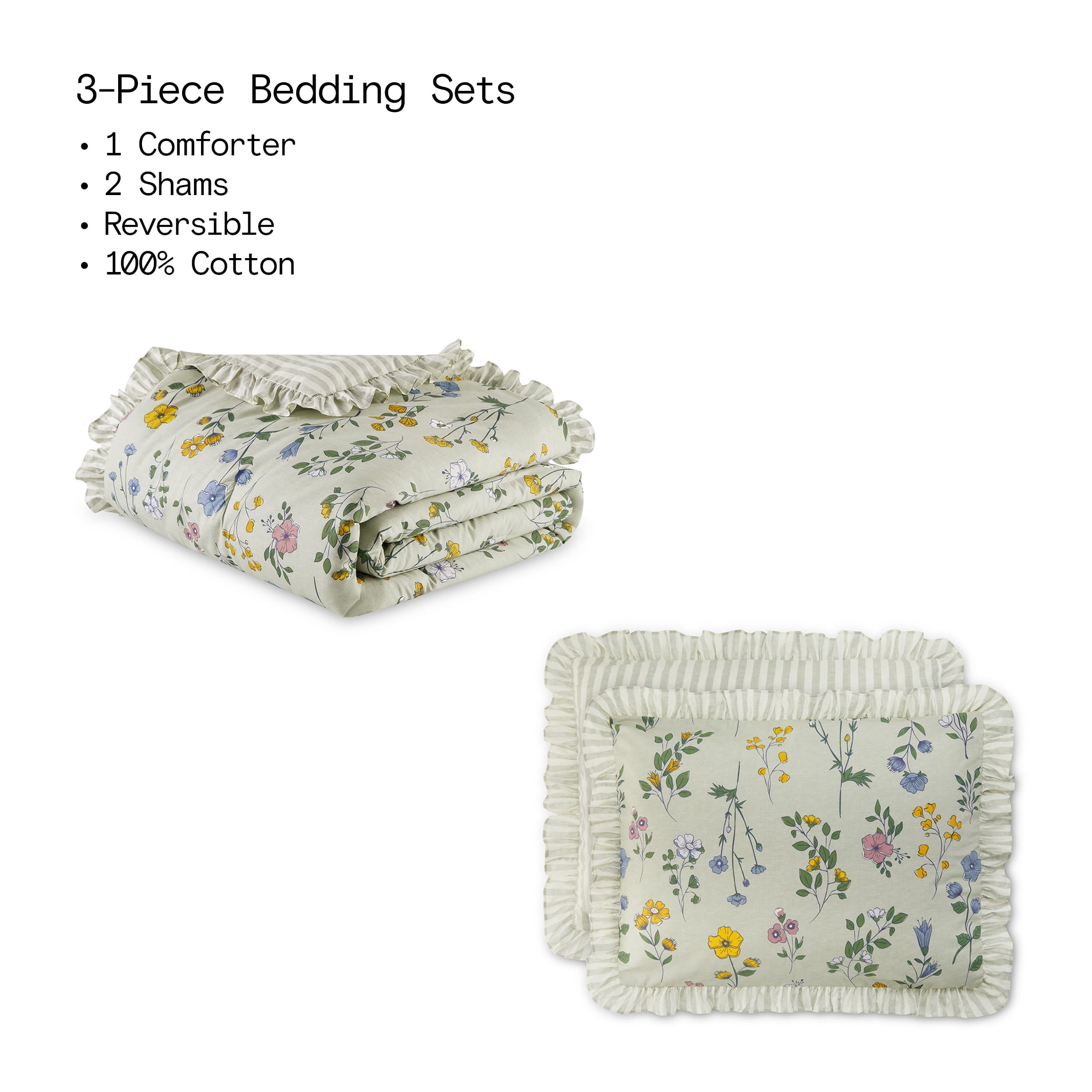 Beautiful 100% Cotton Botanical 3-Piece Sage Green Comforter Set, King by Drew Barrymore