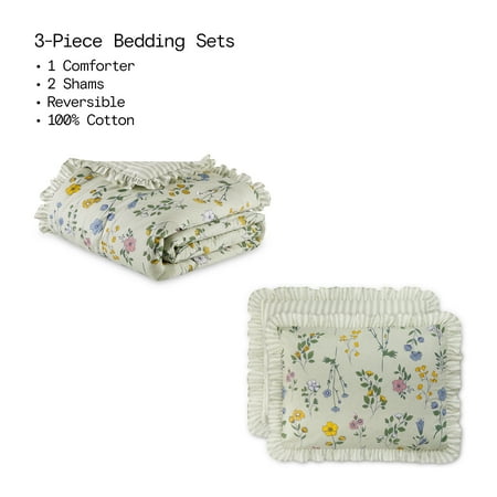 Beautiful 100% Cotton Botanical 3-Piece Sage Green Comforter Set, Full/Queen by Drew Barrymore