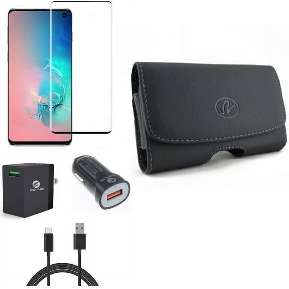 Tempered Glass Screen Protector w USB Cable Fast Home Car Charger w Leather Case Belt Clip for Samsung Galaxy S10 Plus - [Fingerprint Unlock] 3D Curved Edge Full Cover, Type-C 6ft Long Travel K1P