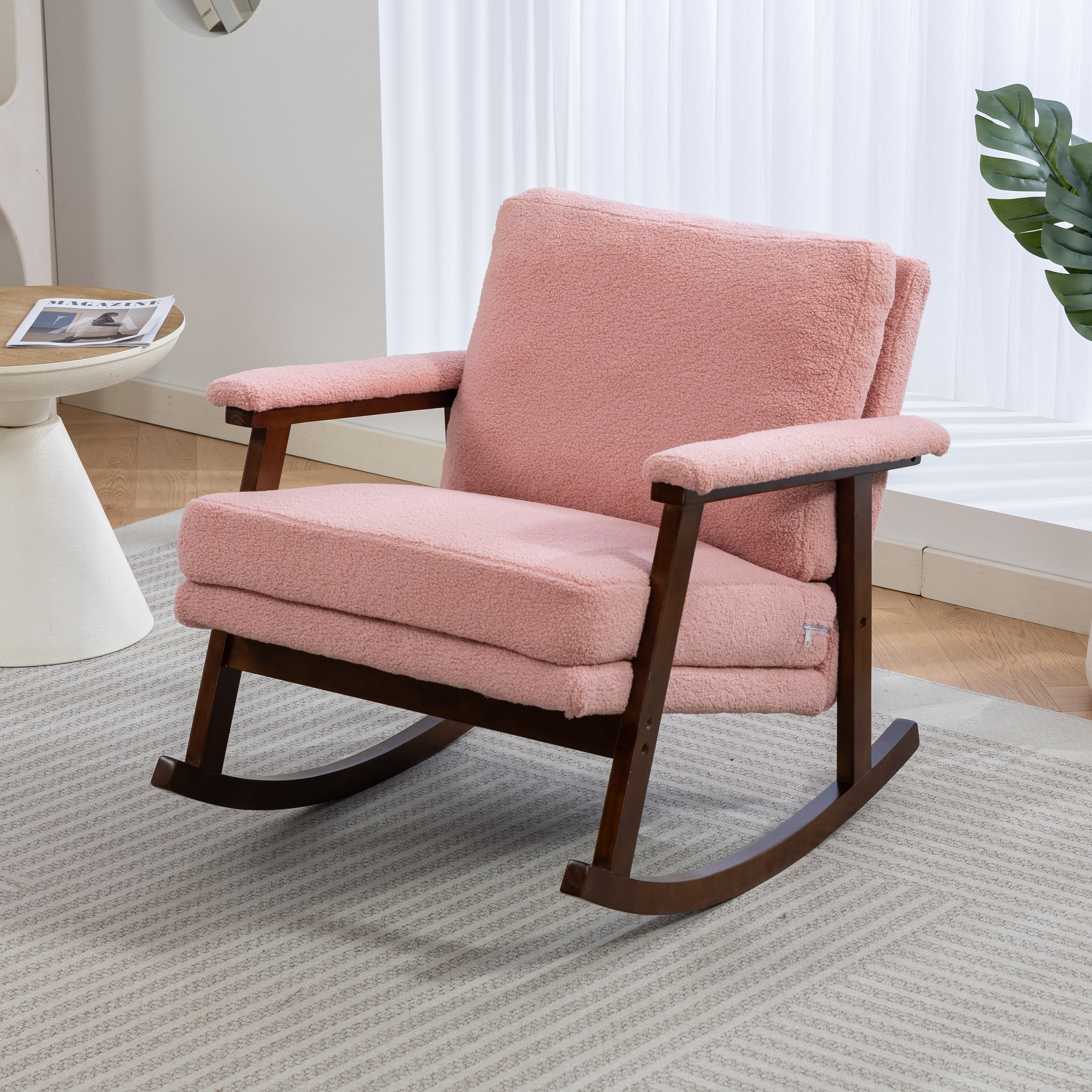 Aukfa Upholstered Accent Rocking Chair with High-Density Foam Cushio for Living Room Bedroom Reading,250 lbs Capacity,Pink