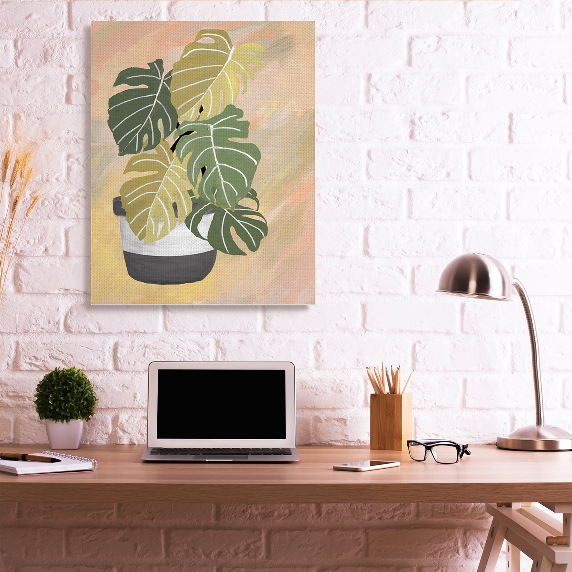 Stupell Industries Unique Leaf Plant Tropical Monstera Over Abstract Botanical & Floral Painting Gallery Wrapped Canvas Art Print Wall Art, 36 x 48