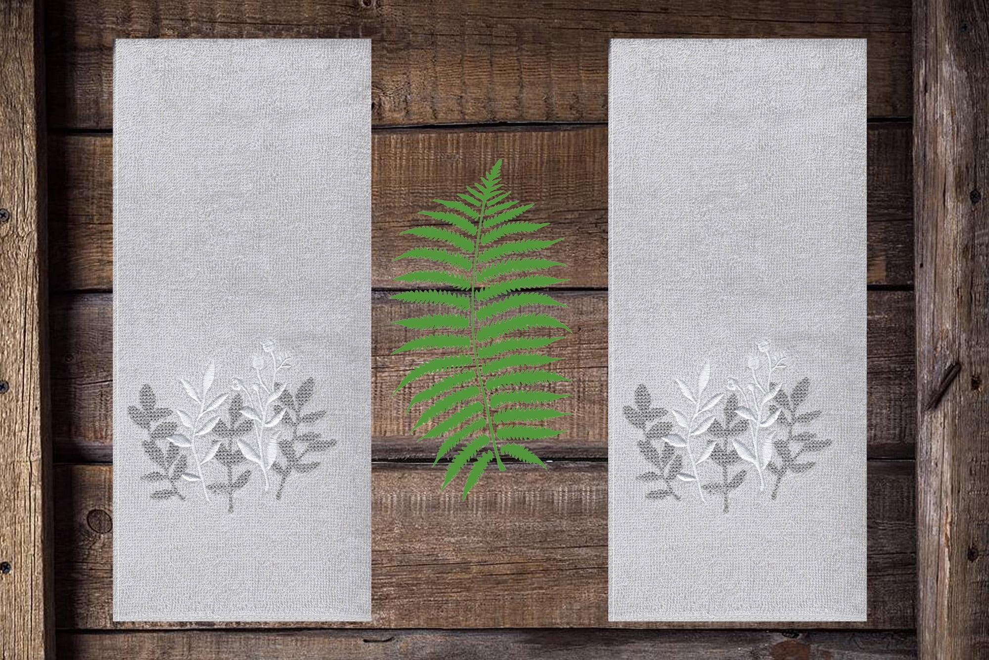 Gray Leaves Bath Hand Towels, 2 Piece, Embroidery Stems Bathroom The Big One