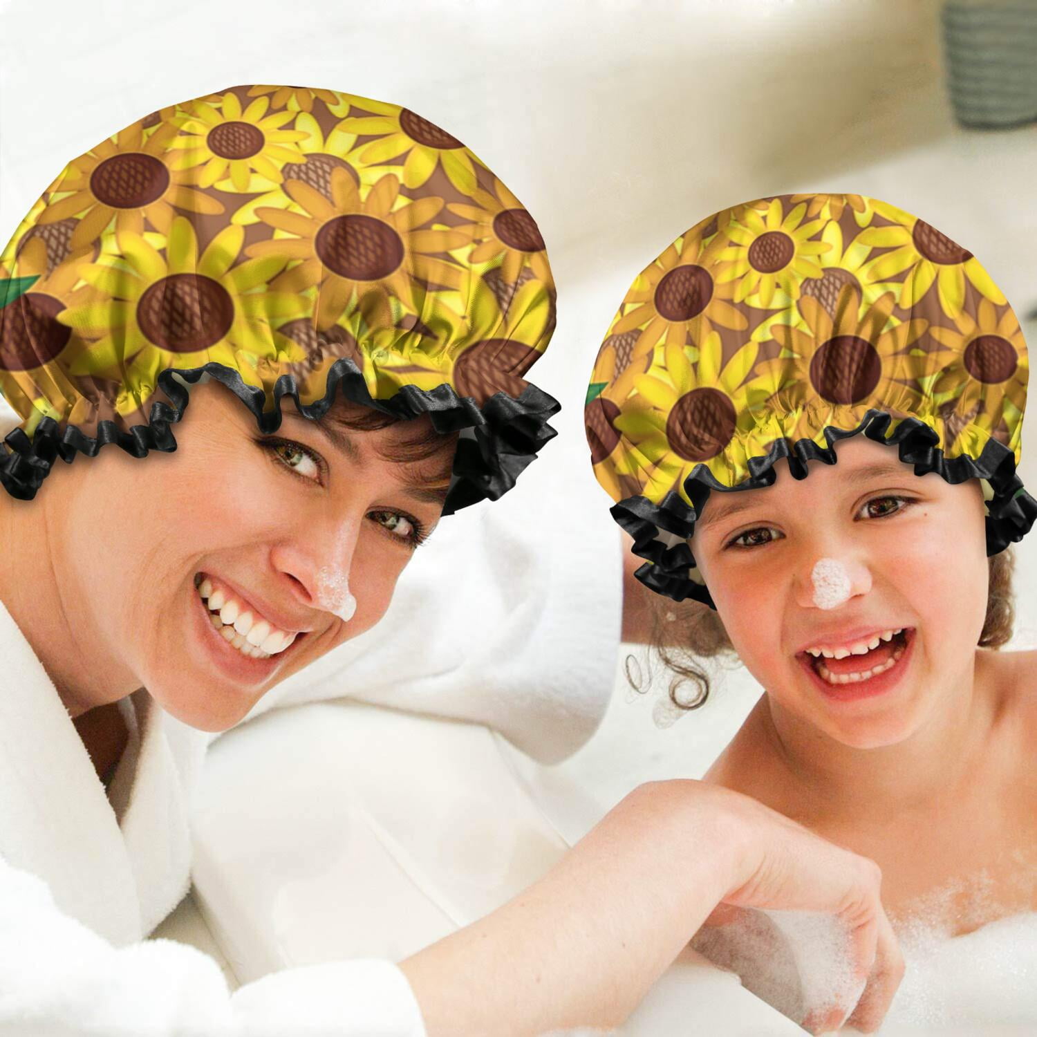 Shower Caps,Brown Yellow Sunflower Pattern Waterproof Shower Cap for Women 4 Pieces,Double Reusable Hair Cover for Shower PEVA Elastic Stretch Hem
