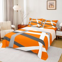 Homewish Geometric Striped Bed Sheets,Modern Abstract Artistic King Sheets,Orange Gray White Sheet Set For Girls Kids,Luxury Bedroom Decor,4pcs