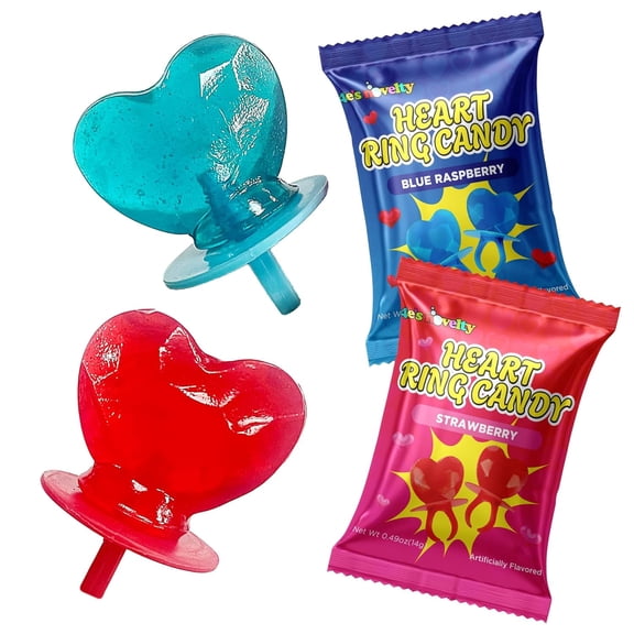4E's Novelty Blue And Red Heart Wearable Candy Rings Candy Lollipops (30 Ct Bulk) - For Kids Valentines Day Candy Classroom Exchange
