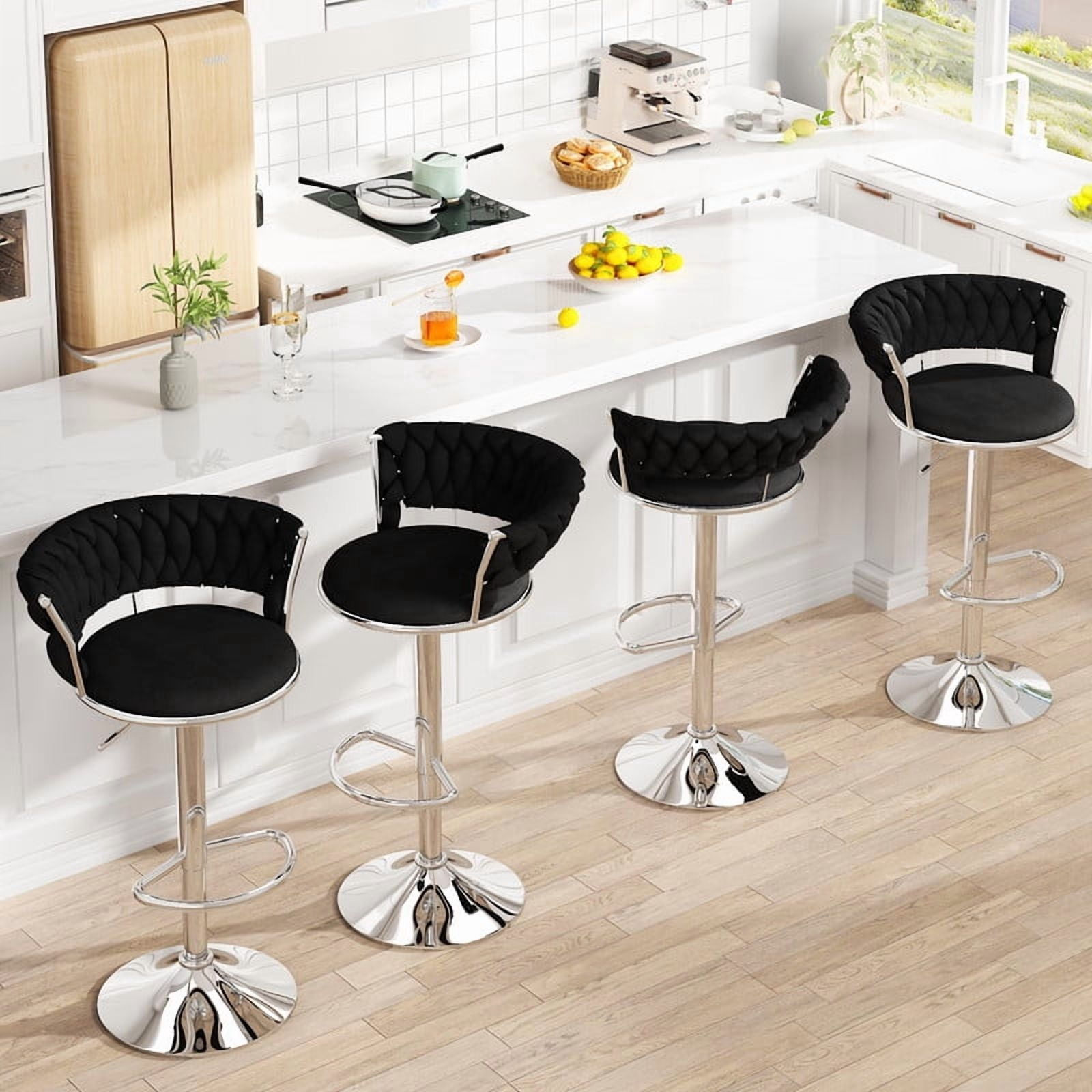 Baxluxe Velvet Bar Stools Set of 4, 4 Pieces 360-Degree Swivel Bar Chairs, Adjustable Counter Height Dining Chairs, Metal Base Kitchen Island Chairs, High Stool Pub Chairs for Kitchen Island, Black