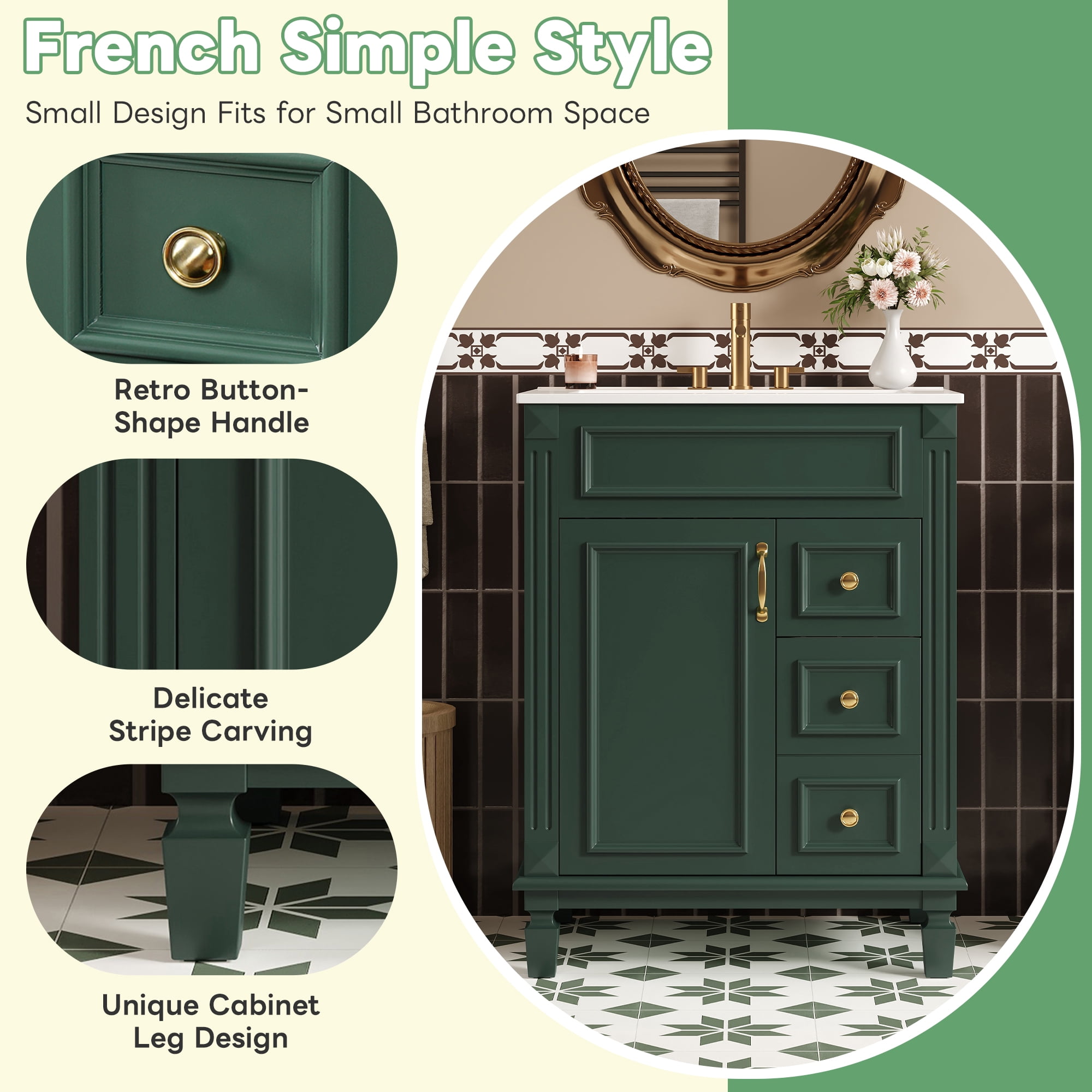 Euroco 24" Bathroom Vanity with Ceramic Sink, Small Bathroom Sink Cabinet, Modern Cabinet with 2 Drawers and Adjustable Shelf