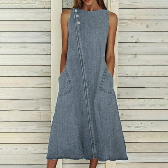 Western Jean Dresses For Women Summer High Neck Button Down Sleeveless Midi Denim Dress Vacation Fashion Soft Dresses Long Wrap Dress Casual Dress for Women Summer for Women Casual Summer Tunic Dress